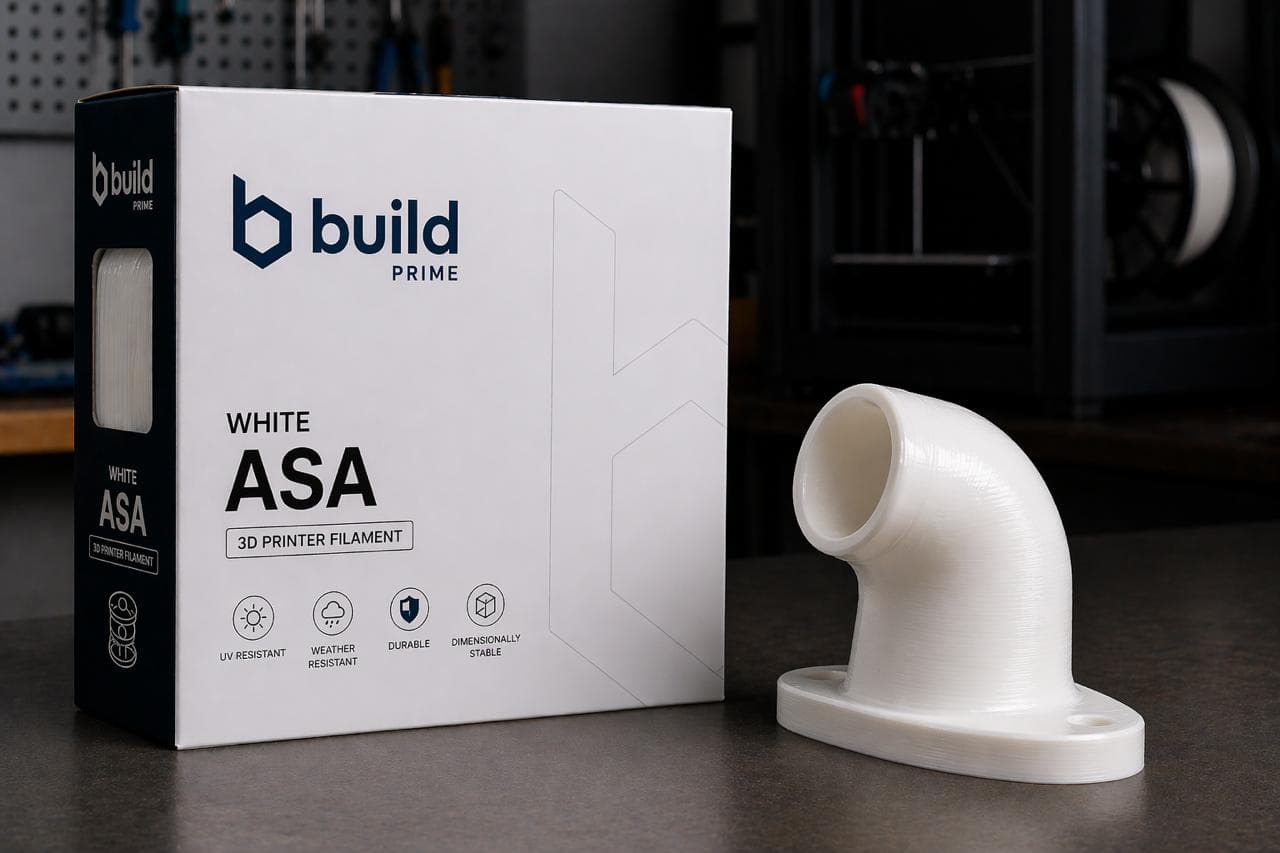 Build Prime White ASA — printed engine manifold next to packaging