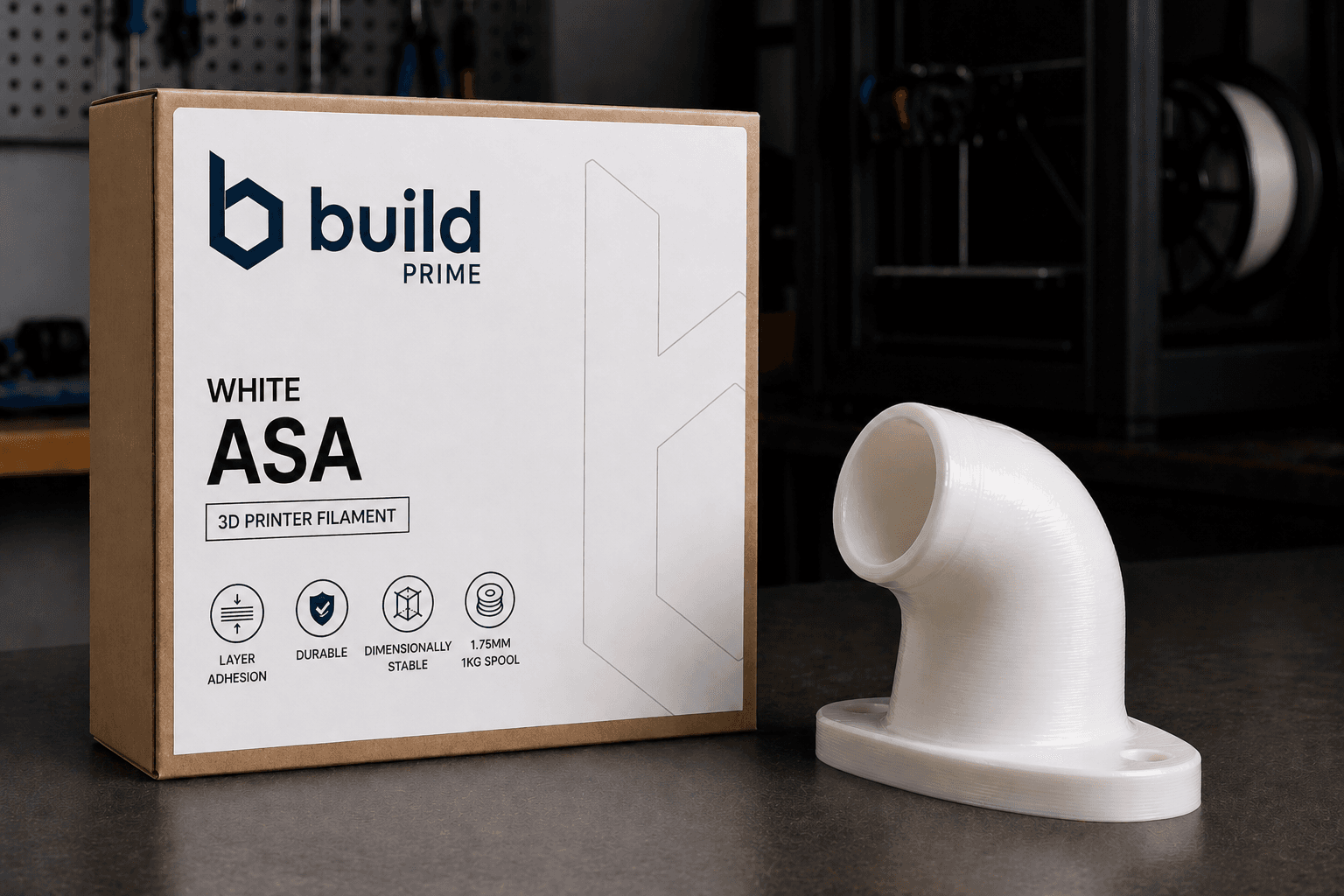 Build Prime White ASA — printed engine manifold next to packaging